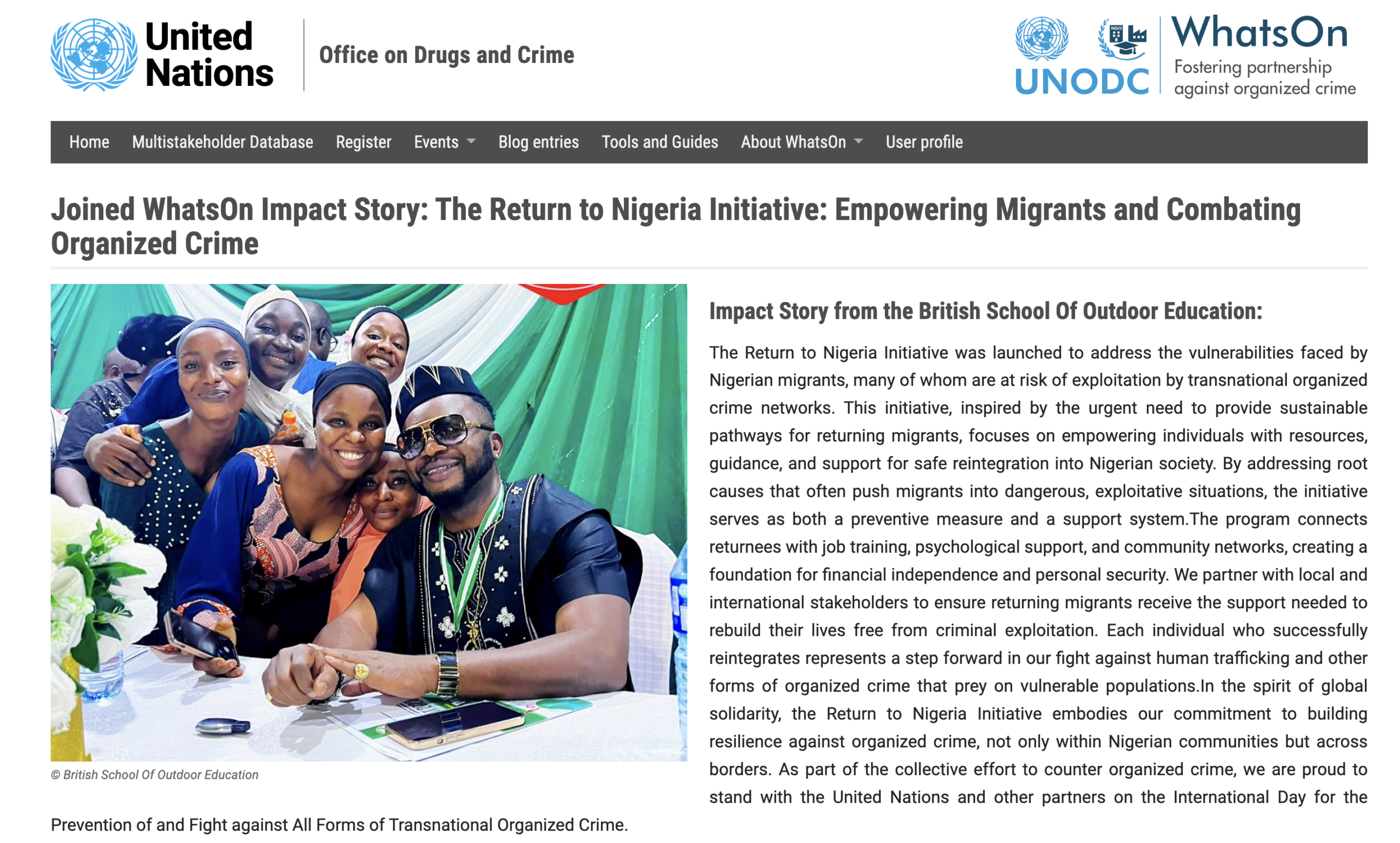 The relaunch of the Return to Nigeria Initiative, published on the UNODC WhatsOn platform.